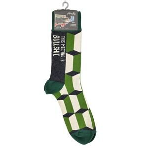 BLUE Q MEN’S CREW SOCKS “MEETING IS BULL$HIT” FUNNY NOVELTY - FITS SIZE 7–12